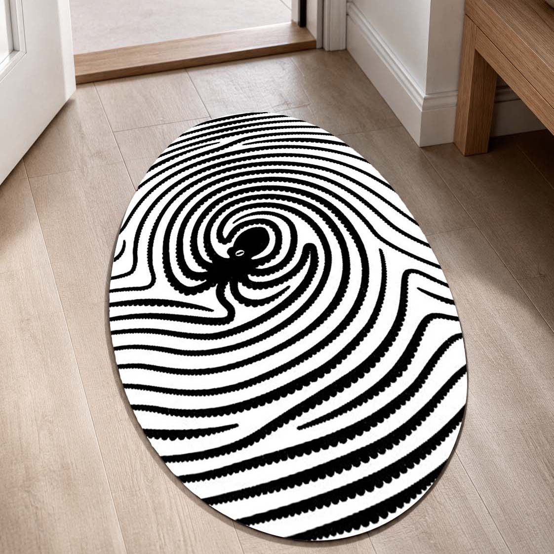 Octopus Fingerprint Shape Flat Rug | Black & White Abstract Ocean Art Oval Area Flat Rug | Minimalist Marine Flat Rug for Living Room, Bedroom & Office