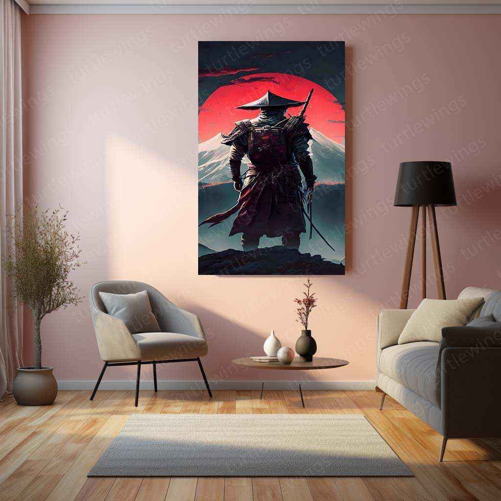 Red Moon Samurai Metal Poster | Japanese Warrior Wall Art | Edo Era Aesthetic Decor - TURTLEWINGS