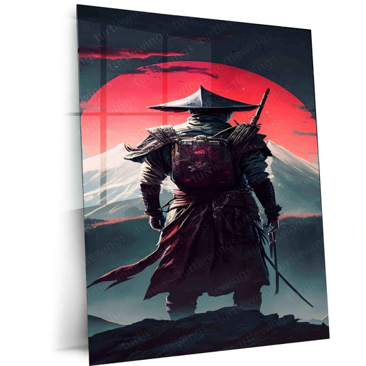 Red Moon Samurai Metal Poster | Japanese Warrior Wall Art | Edo Era Aesthetic Decor - TURTLEWINGS