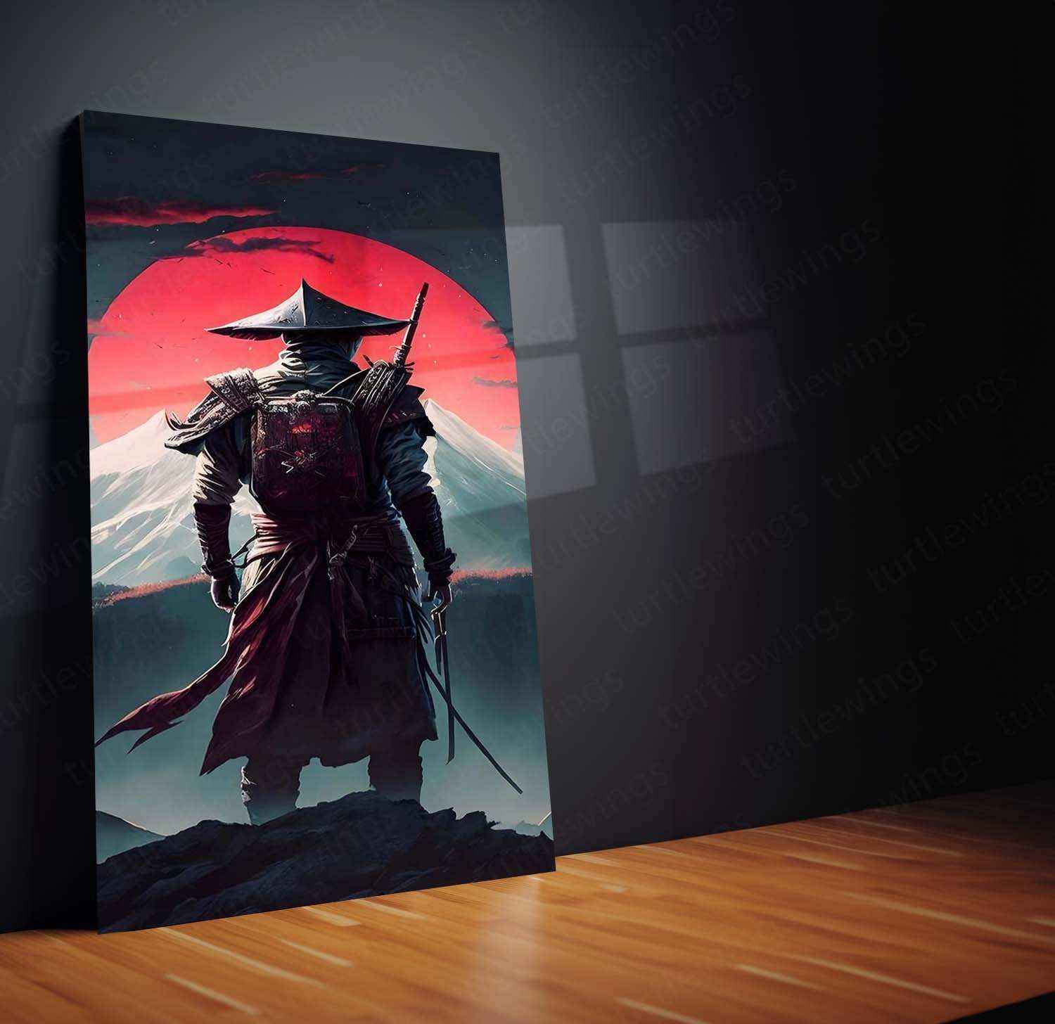 Red Moon Samurai Metal Poster | Japanese Warrior Wall Art | Edo Era Aesthetic Decor - TURTLEWINGS