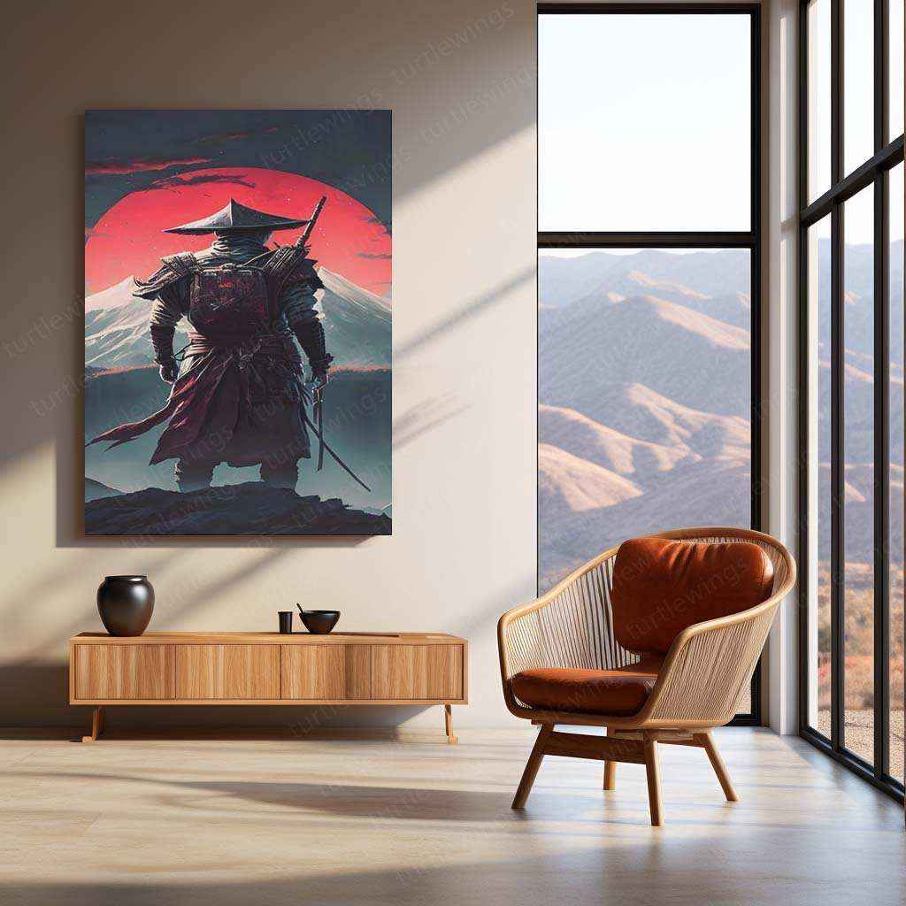 Red Moon Samurai Metal Poster | Japanese Warrior Wall Art | Edo Era Aesthetic Decor - TURTLEWINGS