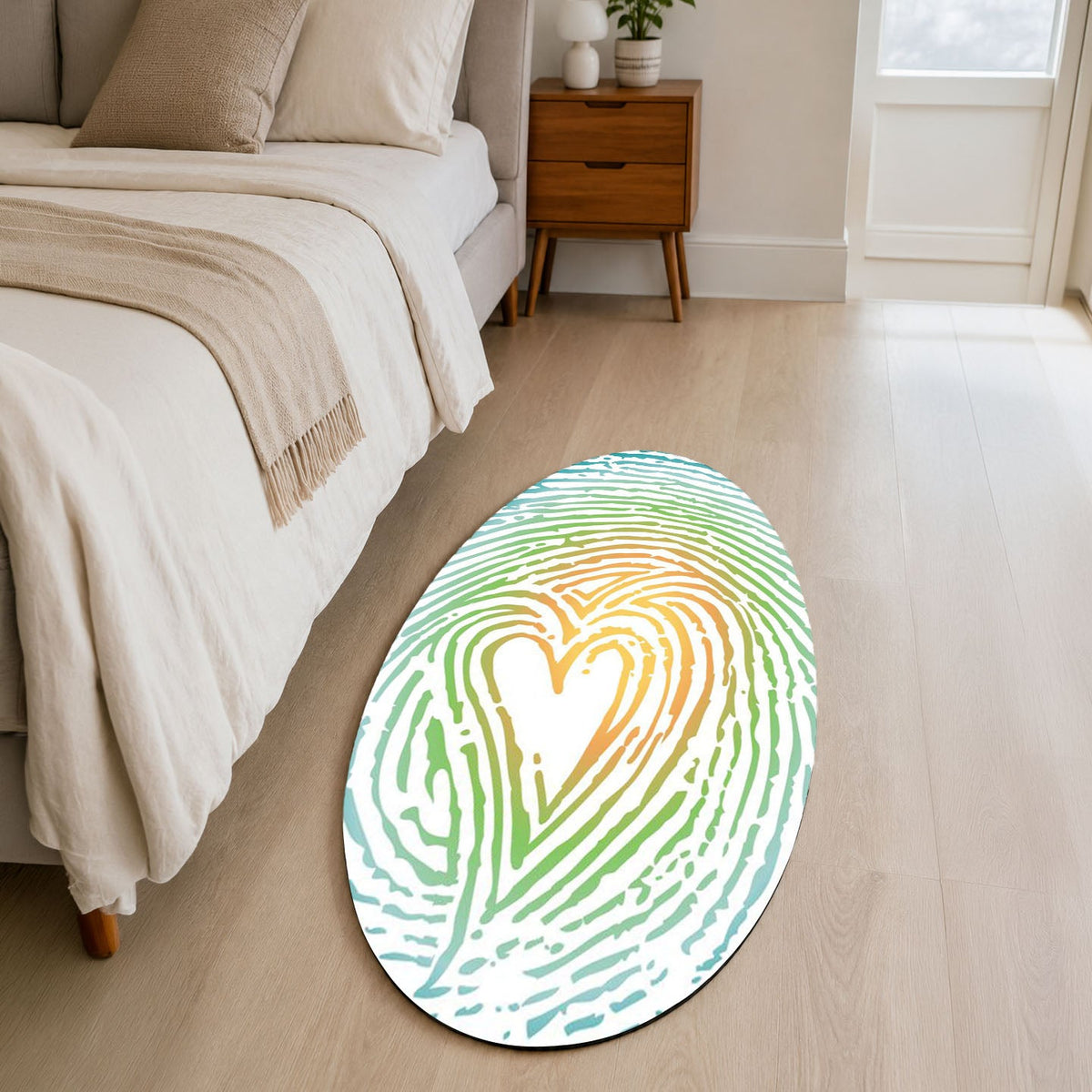 Heart Fingerprint Shape Flat Rug | Pastel Love Abstract Oval Area Flat Rug | Minimalist Romantic Flat Rug for Bedroom, Nursery & Modern Home Decor