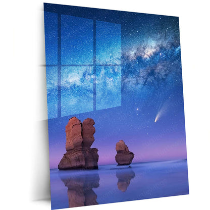 Milky Way Night Sky Metal Print | Starry Ocean Landscape Wall Art | Premium Galaxy Nature Poster