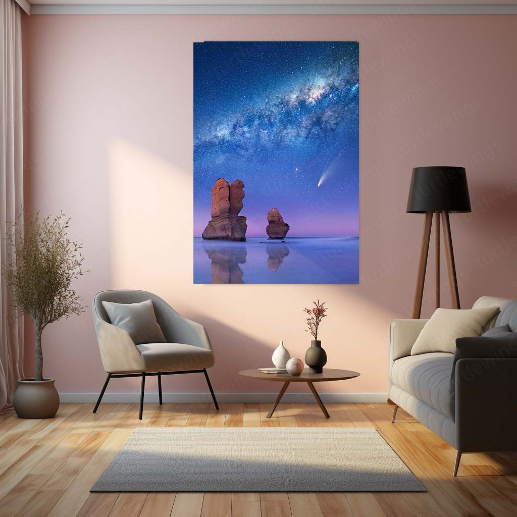 Milky Way Night Sky Metal Print | Starry Ocean Landscape Wall Art | Premium Galaxy Nature Poster