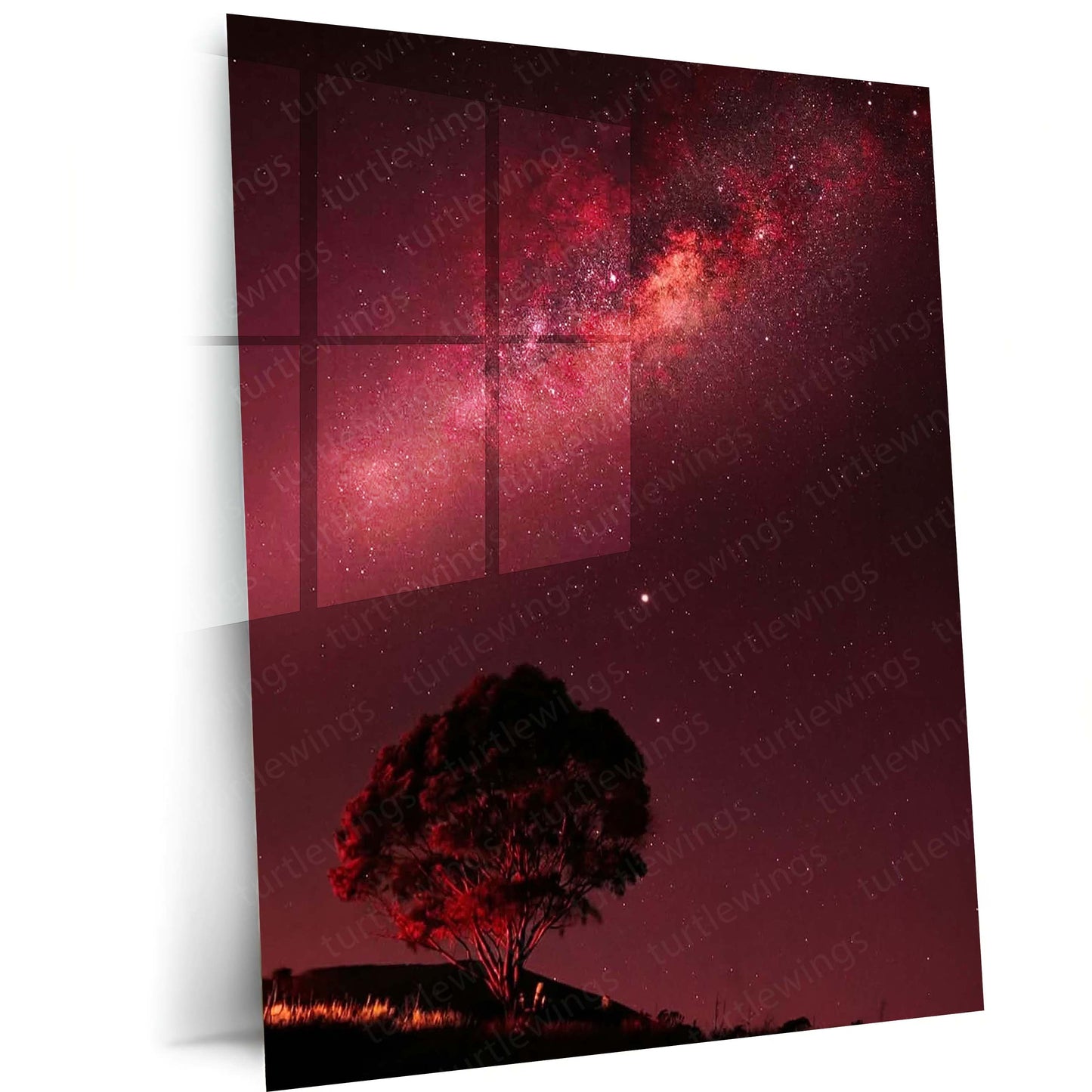 Red Milky Way Tree Metal Print | Crimson Galaxy Night Sky Wall Art | Premium Nature Metal Poster