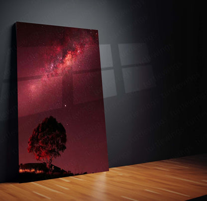 Red Milky Way Tree Metal Print | Crimson Galaxy Night Sky Wall Art | Premium Nature Metal Poster