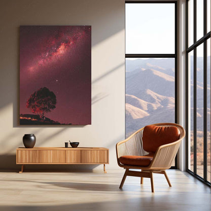 Red Milky Way Tree Metal Print | Crimson Galaxy Night Sky Wall Art | Premium Nature Metal Poster