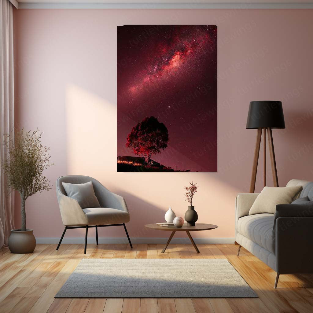 Red Milky Way Tree Metal Print | Crimson Galaxy Night Sky Wall Art | Premium Nature Metal Poster