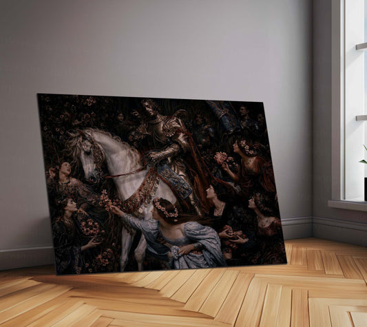Medieval Knight on White Horse Metal Poster | Dark Renaissance Fantasy Wall Art | Gothic Royal Warrior Metal Print