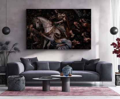 Medieval Knight on White Horse Metal Poster | Dark Renaissance Fantasy Wall Art | Gothic Royal Warrior Metal Print