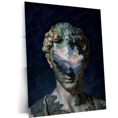 Surreal Nature Portrait Metal Poster | Classical Sculpture Landscape Face Wall Art | Premium Aesthetic Metal Print