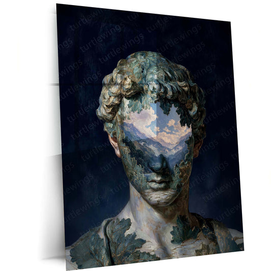 Surreal Nature Portrait Metal Poster | Classical Sculpture Landscape Face Wall Art | Premium Aesthetic Metal Print