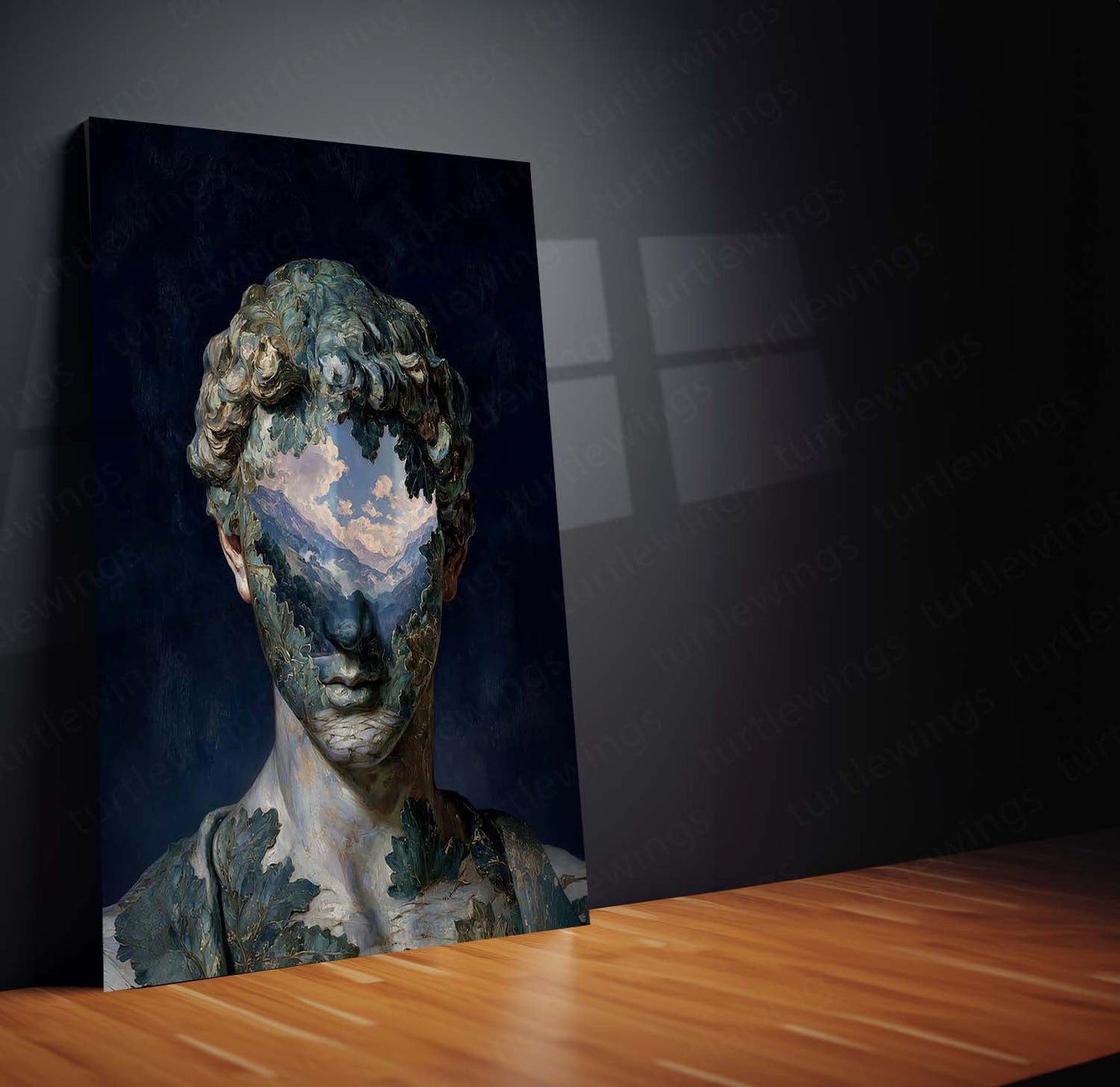 Surreal Nature Portrait Metal Poster | Classical Sculpture Landscape Face Wall Art | Premium Aesthetic Metal Print