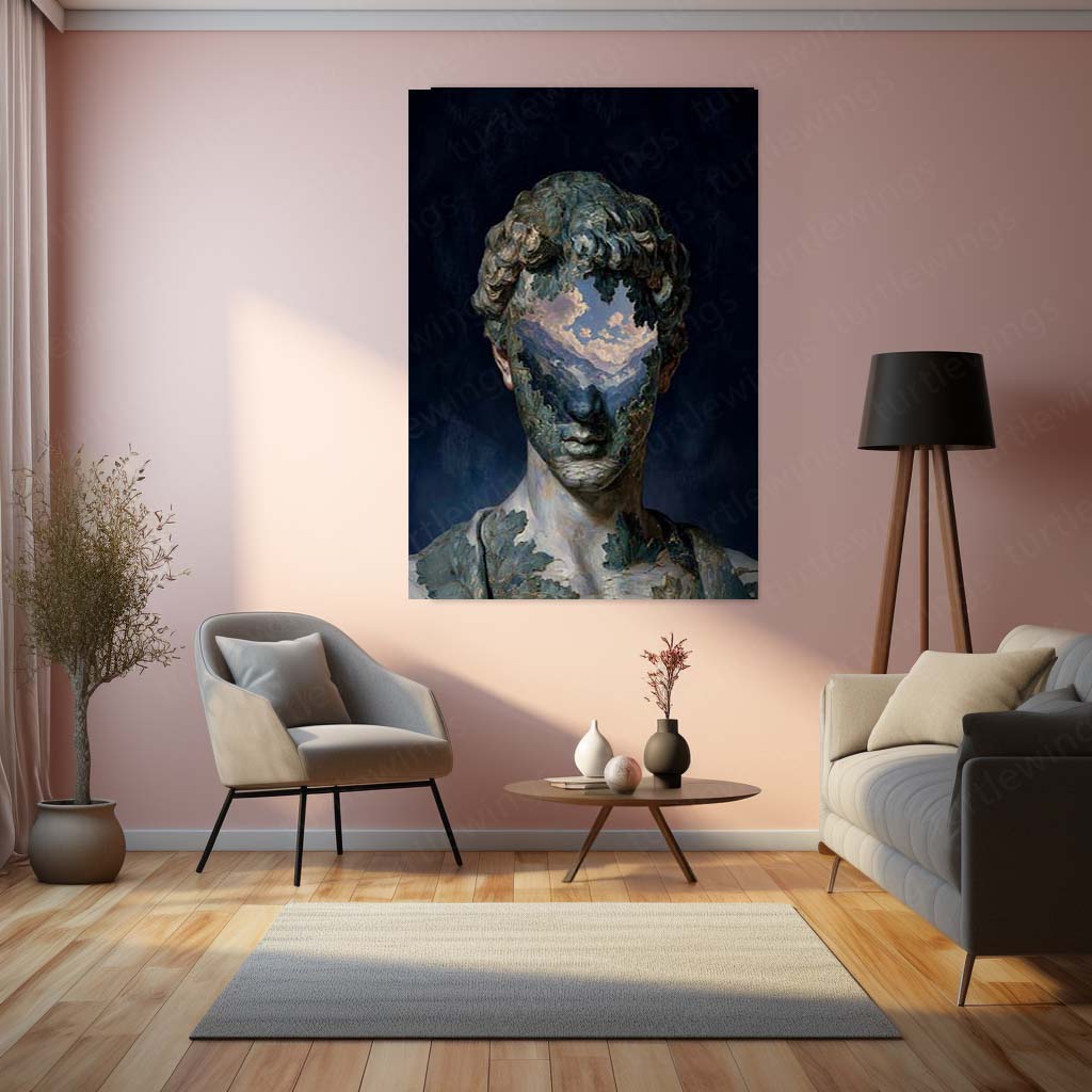 Surreal Nature Portrait Metal Poster | Classical Sculpture Landscape Face Wall Art | Premium Aesthetic Metal Print