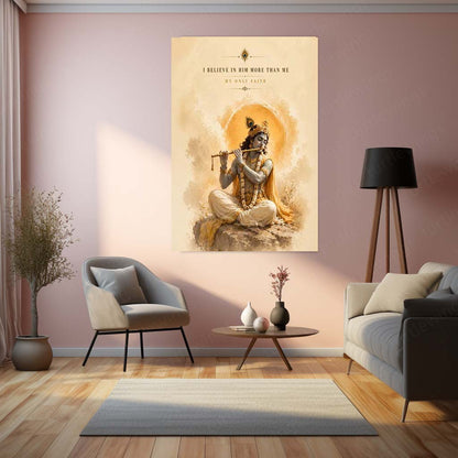 Spiritual Metal Poster | Lord Krishna Flute Metal Poster | I Believe in Him More Than Me Spiritual Wall Art | Devotional Krishna Metal Print