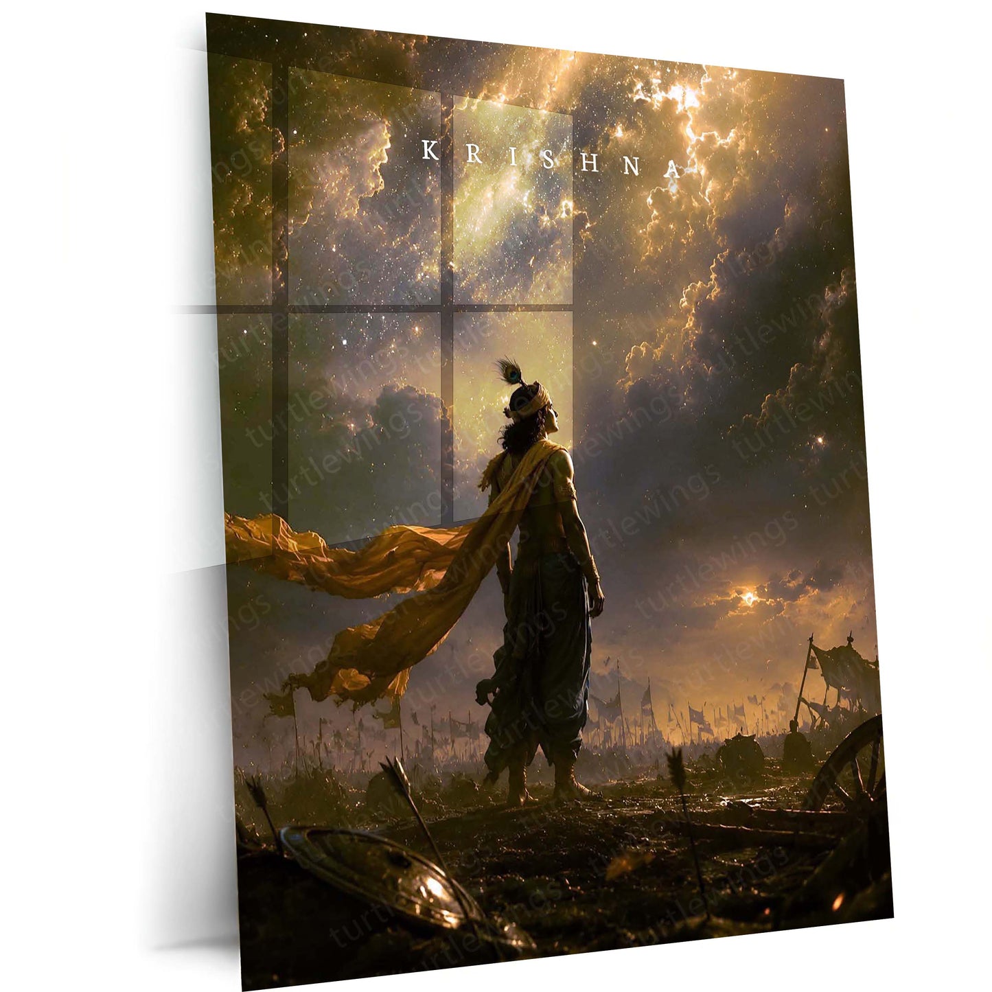 Spiritual Metal Poster | Lord Krishna Divine Warrior Metal Poster | Mahabharata Battlefield Spiritual Wall Art | Krishna Devotional Metal Print