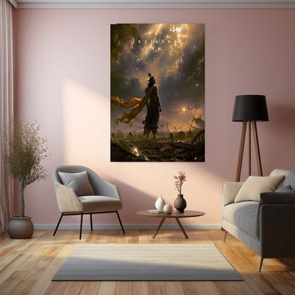 Spiritual Metal Poster | Lord Krishna Divine Warrior Metal Poster | Mahabharata Battlefield Spiritual Wall Art | Krishna Devotional Metal Print
