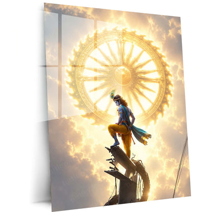 Spiritual Metal Poster | Lord Krishna Sudarshan Chakra Metal Poster | Divine Vishnu Avatar Spiritual Wall Art | Krishna Celestial Metal Print