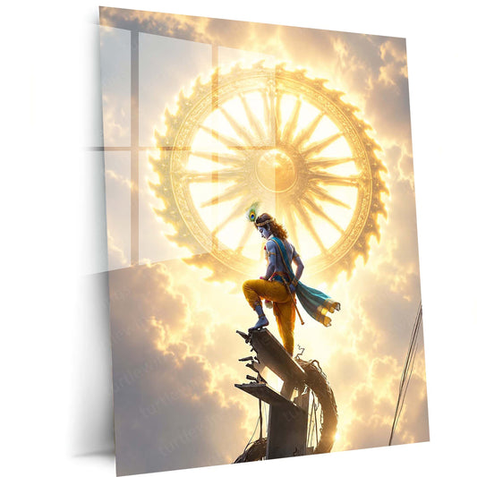 Spiritual Metal Poster | Lord Krishna Sudarshan Chakra Metal Poster | Divine Vishnu Avatar Spiritual Wall Art | Krishna Celestial Metal Print