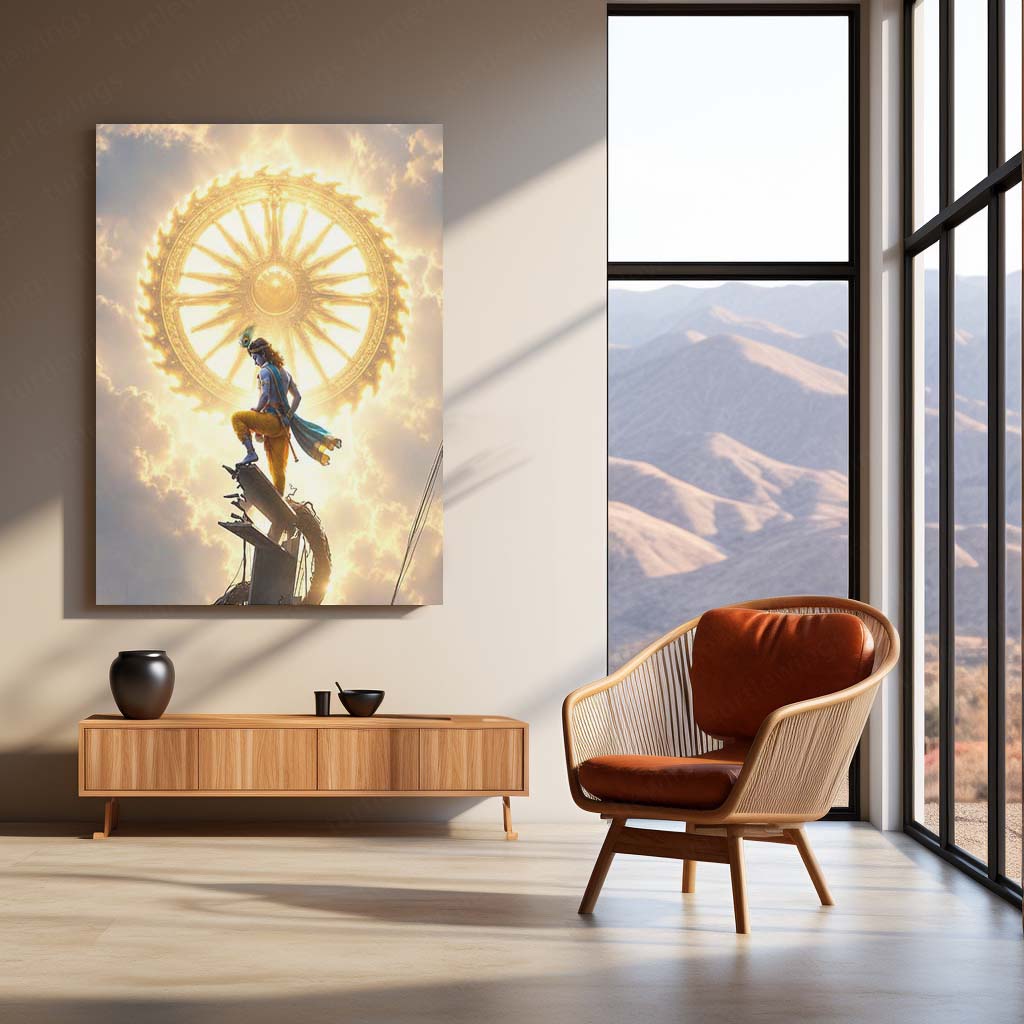 Spiritual Metal Poster | Lord Krishna Sudarshan Chakra Metal Poster | Divine Vishnu Avatar Spiritual Wall Art | Krishna Celestial Metal Print