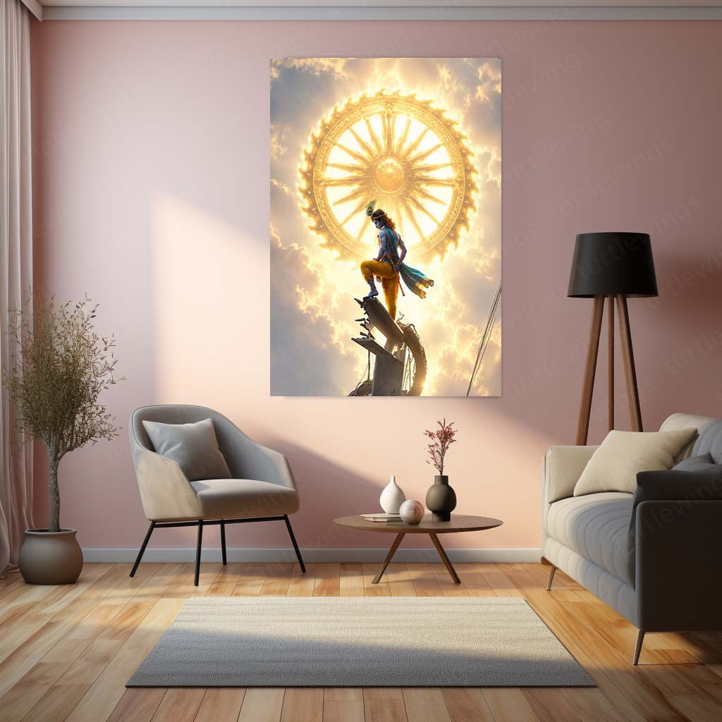 Spiritual Metal Poster | Lord Krishna Sudarshan Chakra Metal Poster | Divine Vishnu Avatar Spiritual Wall Art | Krishna Celestial Metal Print