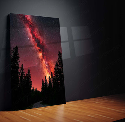 Milky Way Galaxy Metal Poster | Red Starry Night Forest Artwork | Cosmic Space Wall Art | Astronomy Metal Frame
