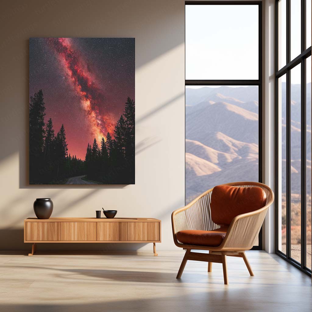 Milky Way Galaxy Metal Poster | Red Starry Night Forest Artwork | Cosmic Space Wall Art | Astronomy Metal Frame