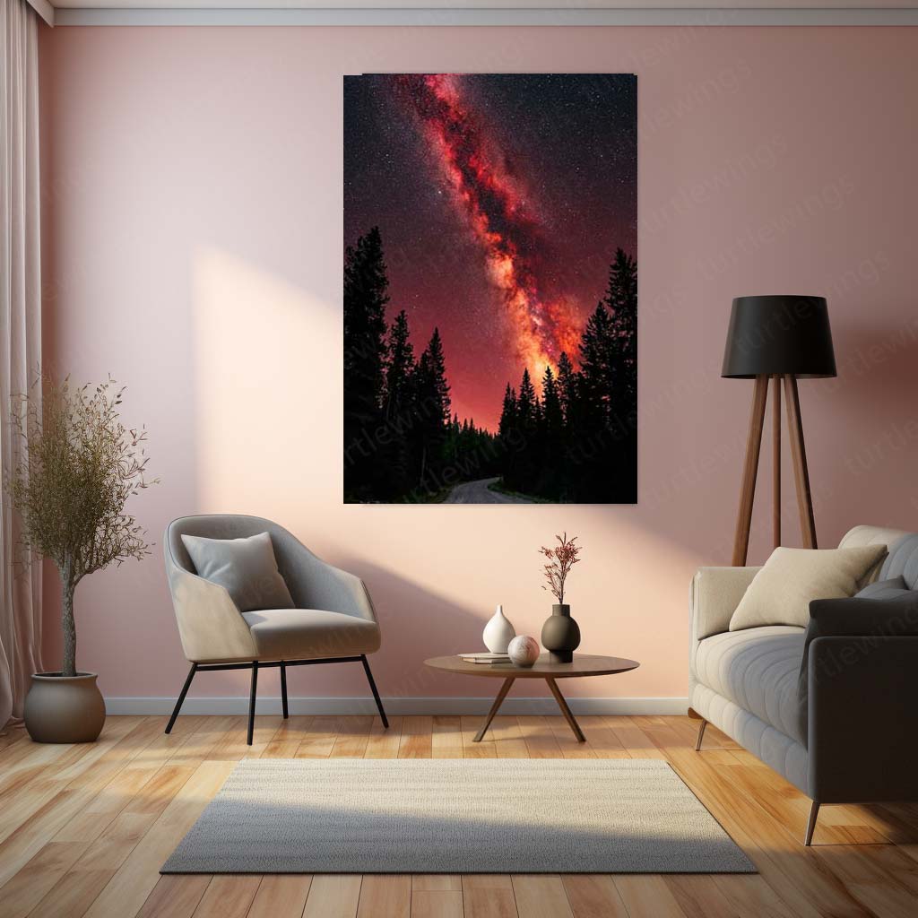 Milky Way Galaxy Metal Poster | Red Starry Night Forest Artwork | Cosmic Space Wall Art | Astronomy Metal Frame