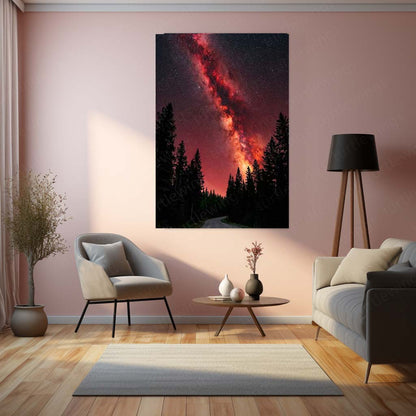Milky Way Galaxy Metal Poster | Red Starry Night Forest Artwork | Cosmic Space Wall Art | Astronomy Metal Frame
