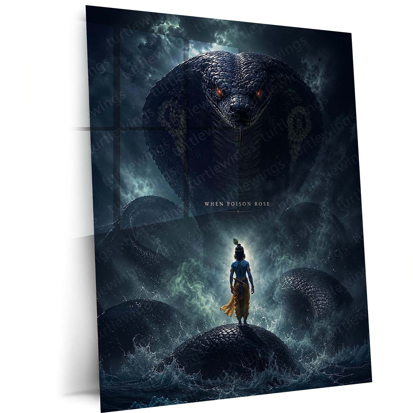 Spiritual Metal Poster | Lord Krishna & Kaliya Naag Metal Poster | Divine Victory Spiritual Wall Art