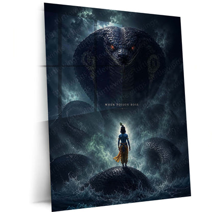 Spiritual Metal Poster | Lord Krishna & Kaliya Naag Metal Poster | Divine Victory Spiritual Wall Art