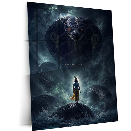 Spiritual Metal Poster | Lord Krishna & Kaliya Naag Metal Poster | Divine Victory Spiritual Wall Art