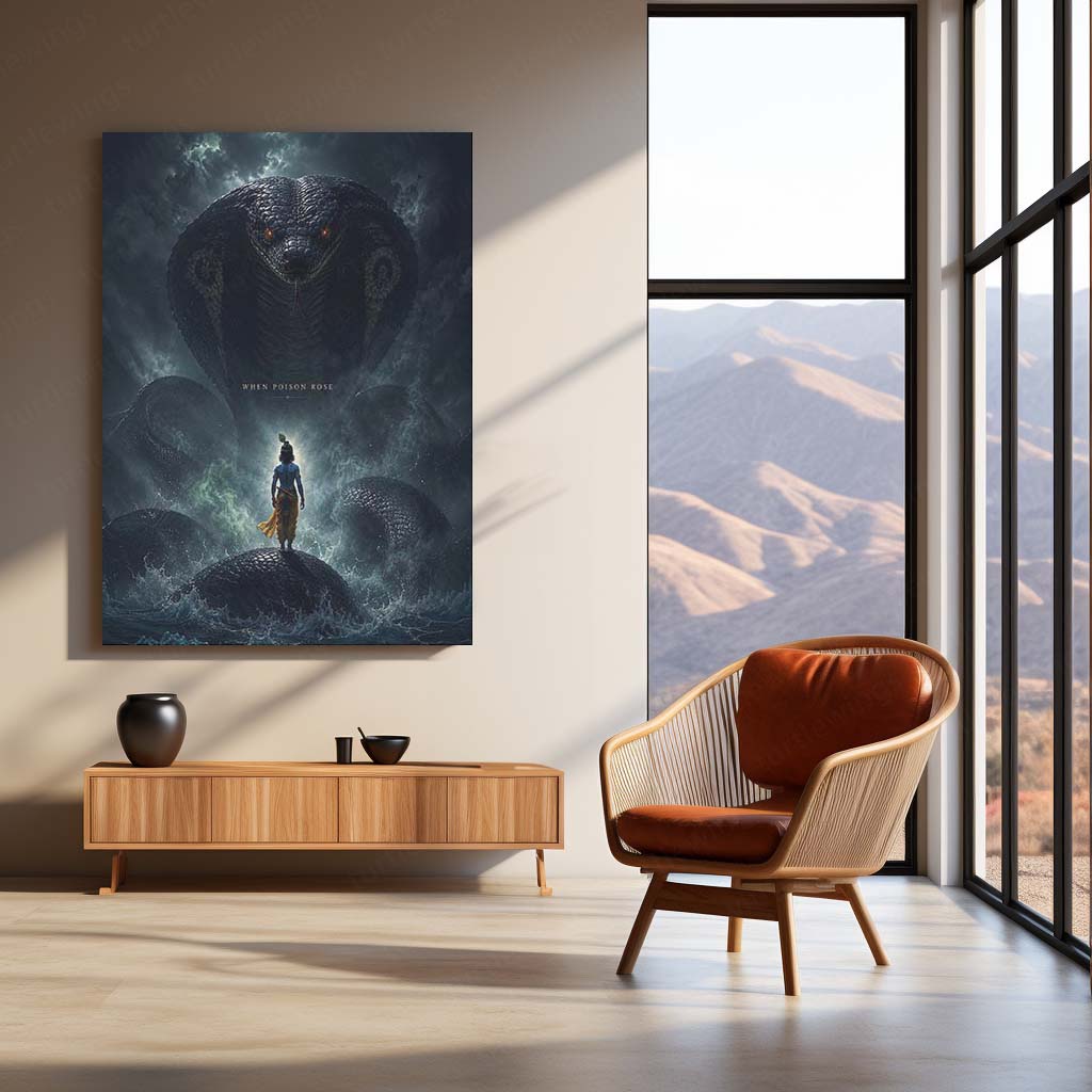 Spiritual Metal Poster | Lord Krishna & Kaliya Naag Metal Poster | Divine Victory Spiritual Wall Art