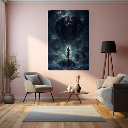 Spiritual Metal Poster | Lord Krishna & Kaliya Naag Metal Poster | Divine Victory Spiritual Wall Art