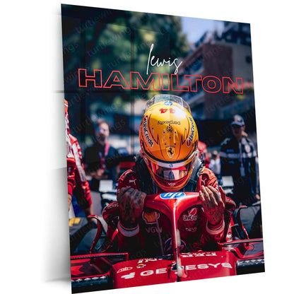 Lewis Hamilton Ferrari Metal Poster | Formula Racing Driver Wall Art | Red Motorsport Metal Print