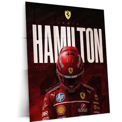 Lewis Hamilton Ferrari Metal Poster | Formula Racing Champion Wall Art | Red Motorsport Metal Print