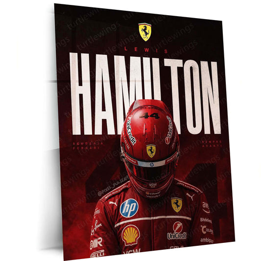 Lewis Hamilton Ferrari Metal Poster | Formula Racing Champion Wall Art | Red Motorsport Metal Print