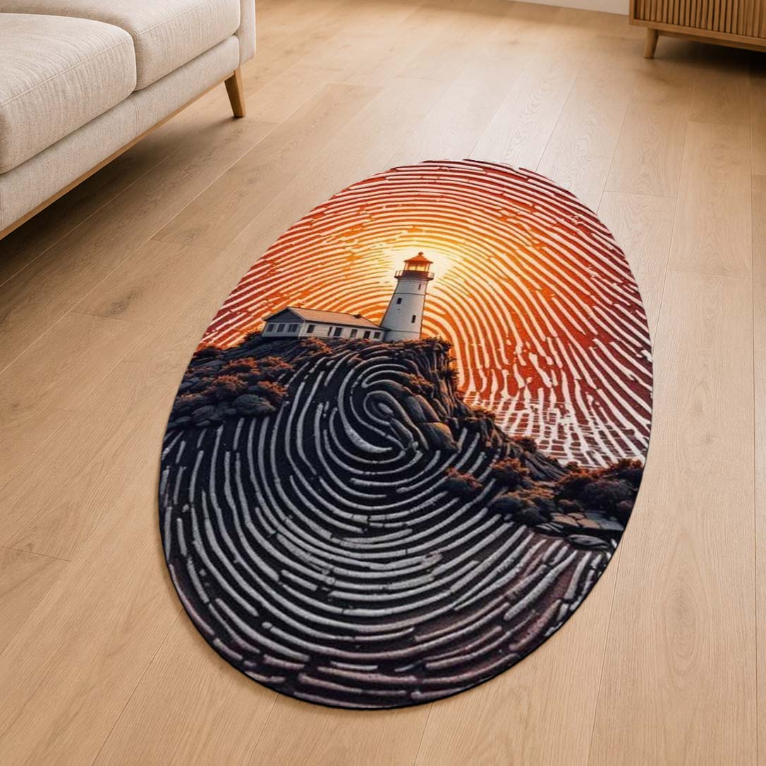 Sunset Lighthouse Fingerprint Shape Flat Rug | Coastal Ocean Landscape Oval Area Flat Rug | Scenic Nautical Flat Rug for Living Room, Bedroom & Beach House Decor