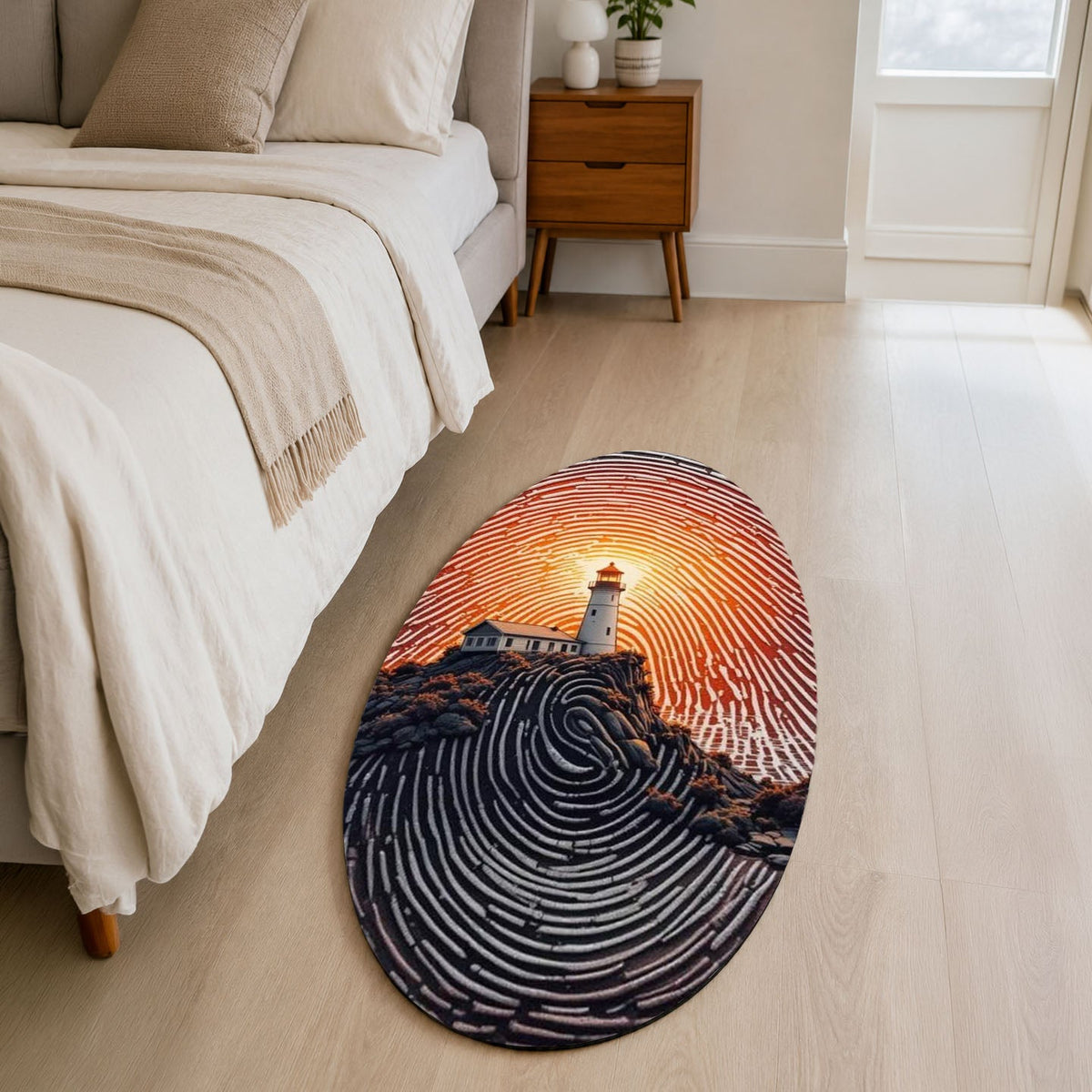 Sunset Lighthouse Fingerprint Shape Flat Rug | Coastal Ocean Landscape Oval Area Flat Rug | Scenic Nautical Flat Rug for Living Room, Bedroom & Beach House Decor