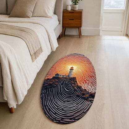 Sunset Lighthouse Fingerprint Shape Flat Rug | Coastal Ocean Landscape Oval Area Flat Rug | Scenic Nautical Flat Rug for Living Room, Bedroom & Beach House Decor