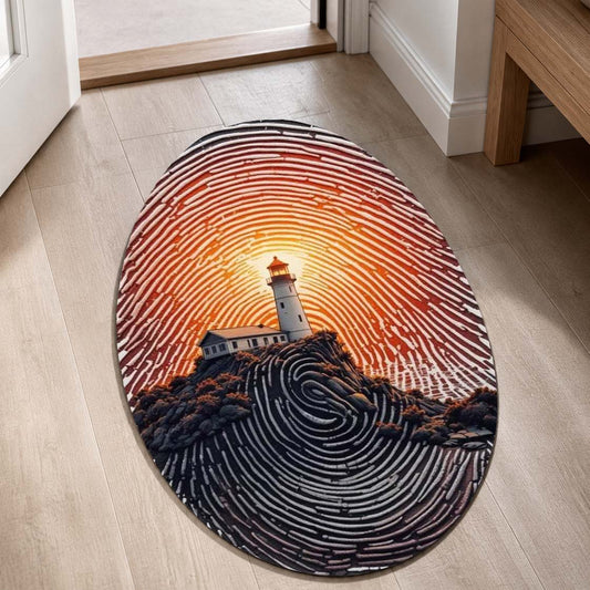 Sunset Lighthouse Fingerprint Shape Flat Rug | Coastal Ocean Landscape Oval Area Flat Rug | Scenic Nautical Flat Rug for Living Room, Bedroom & Beach House Decor