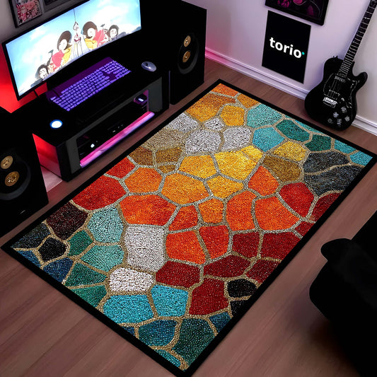 Multi-Color Mosaic Stone Area Flat Rug | Abstract Pebble Pattern Floor Mat | Artistic Decorative Flat Rug for Living Room, Bedroom & Gaming Decor