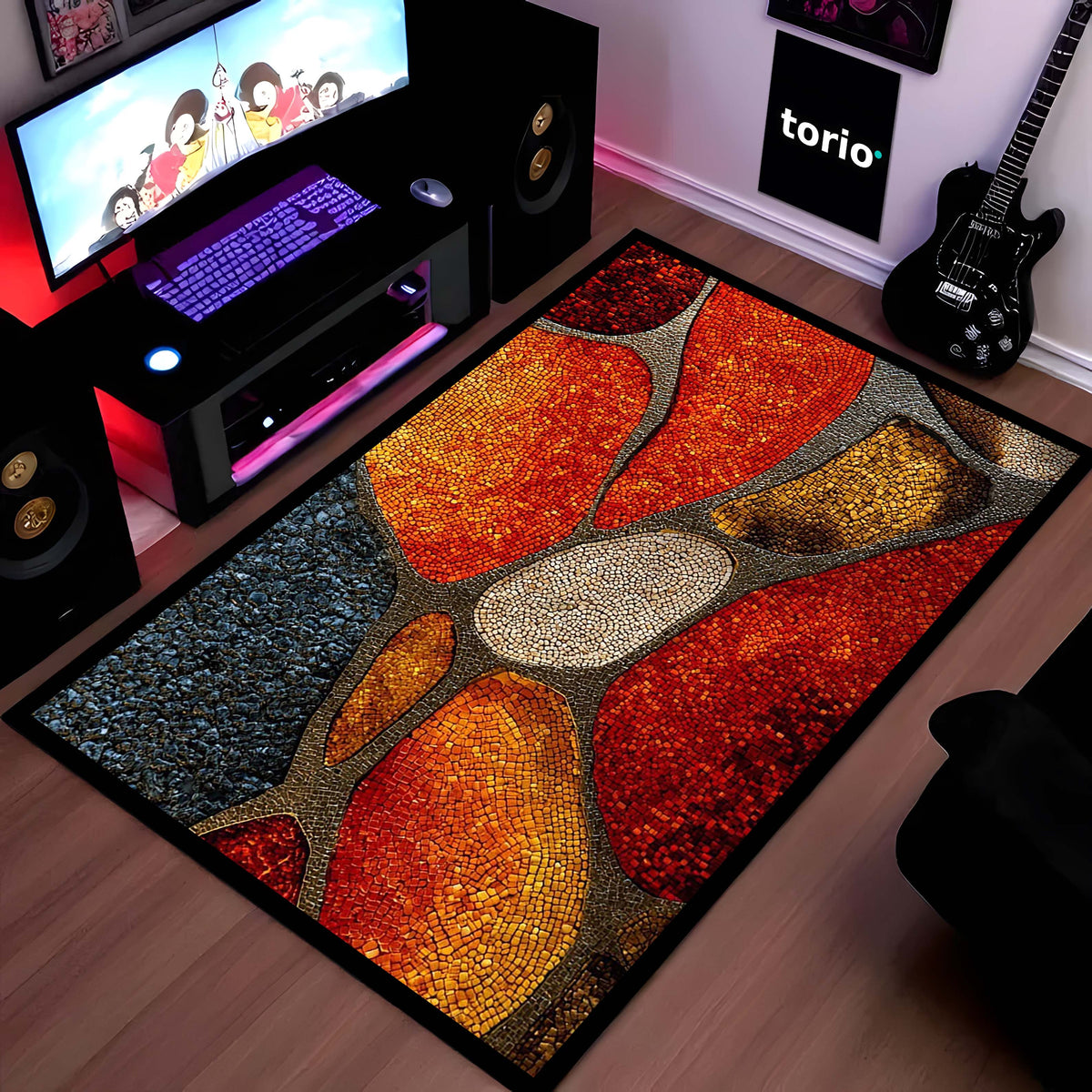 Tone Mosaic Art Area Flat Rug | Abstract Geometric Stone Pattern Floor Mat | Modern Decorative Flat Rug for Living Room, Bedroom & Gaming Setup