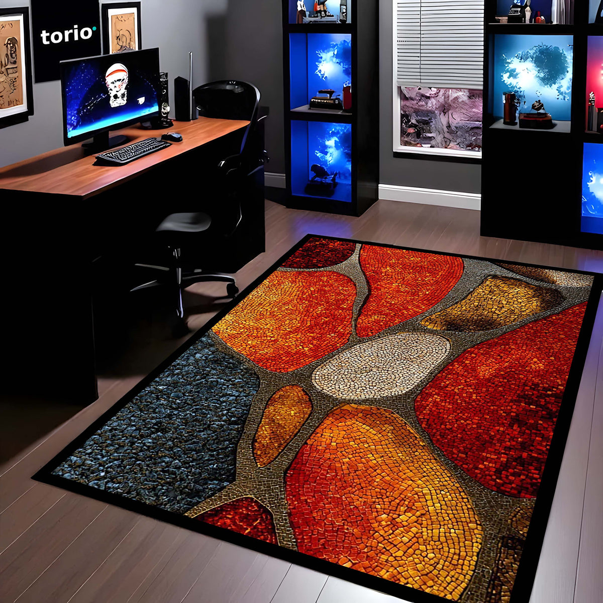 Tone Mosaic Art Area Flat Rug | Abstract Geometric Stone Pattern Floor Mat | Modern Decorative Flat Rug for Living Room, Bedroom & Gaming Setup