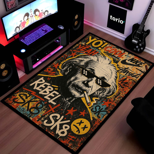 Albert Einstein Graffiti Art Area Flat Rug | Rebel Genius Street Art Floor Mat | Urban Pop Culture Science Flat Rug for Gaming Room, Bedroom, Studio & Modern Home Decor