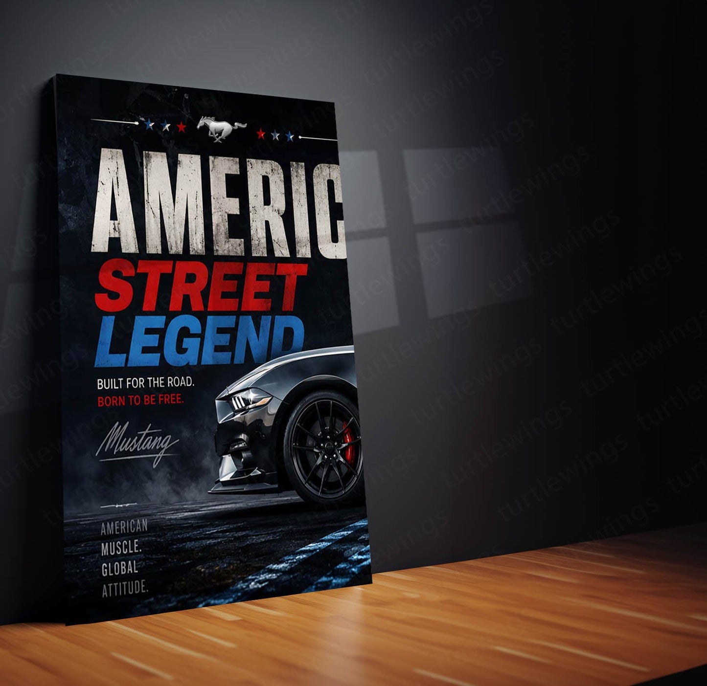 Car Metal Poster Set of 3 | Ford Mustang GT American Street Legend Route 66 Triptych Wall Art