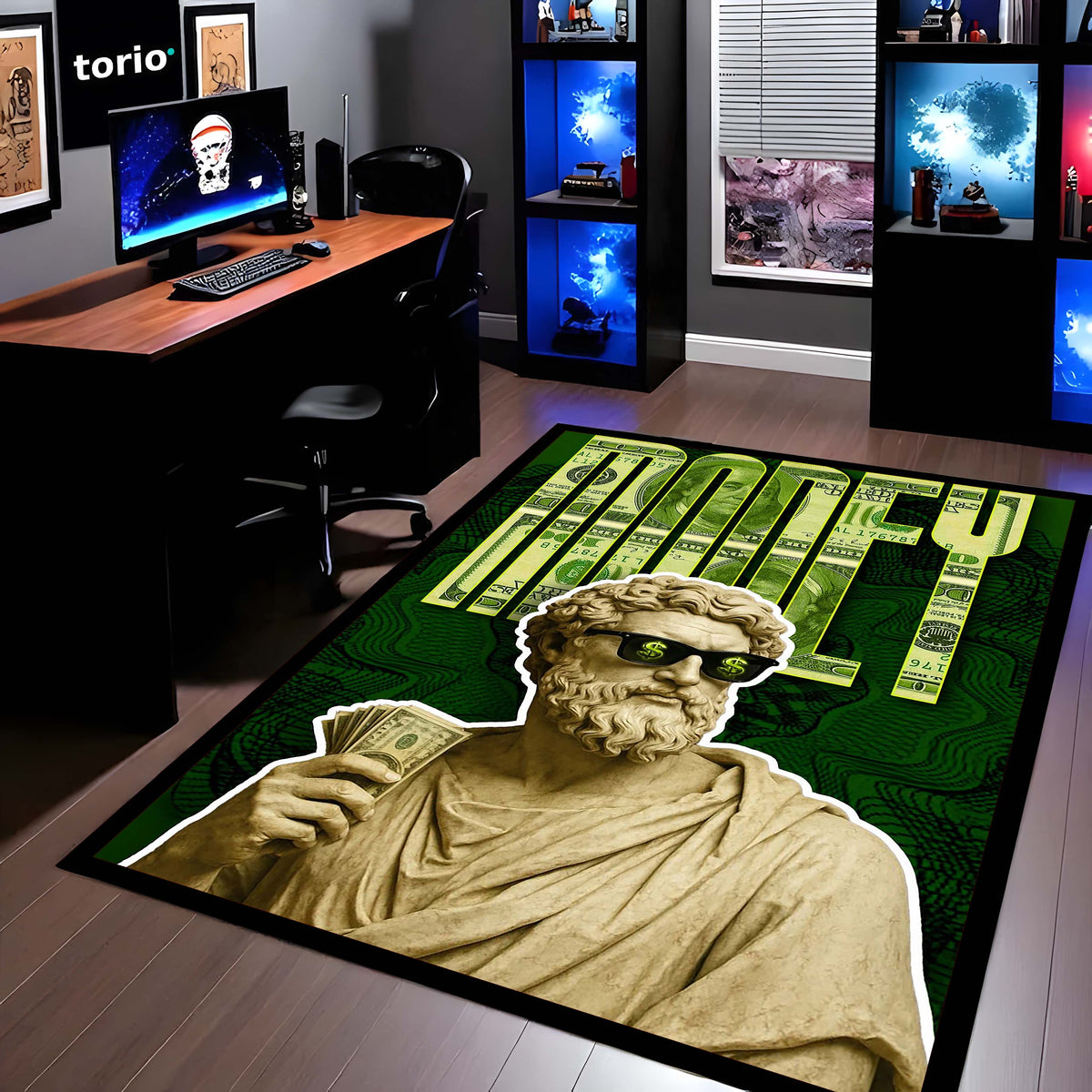 Hustle Money Greek Statue Area Flat Rug | Luxury Wealth Aesthetic Flat Rug | Dollar Gaming Room & Office Decor