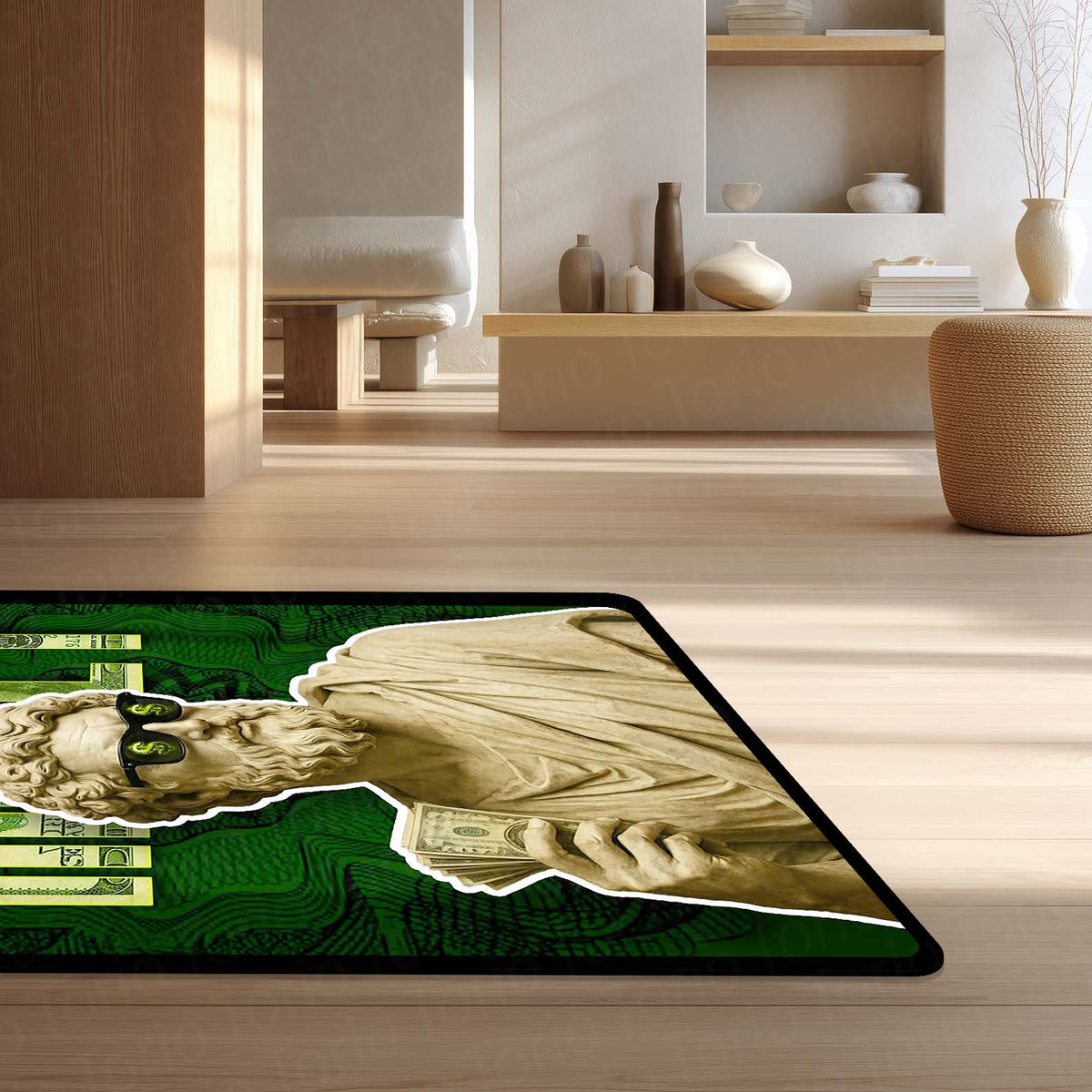 Hustle Money Greek Statue Area Flat Rug | Luxury Wealth Aesthetic Flat Rug | Dollar Gaming Room & Office Decor