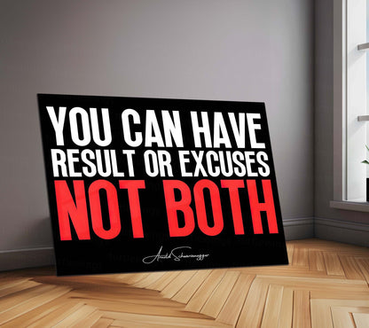 Quote Metal Poster | Arnold Schwarzenegger Quote – “Results or Excuses, Not Both” | Motivational Gym Wall Metal Frame Poster