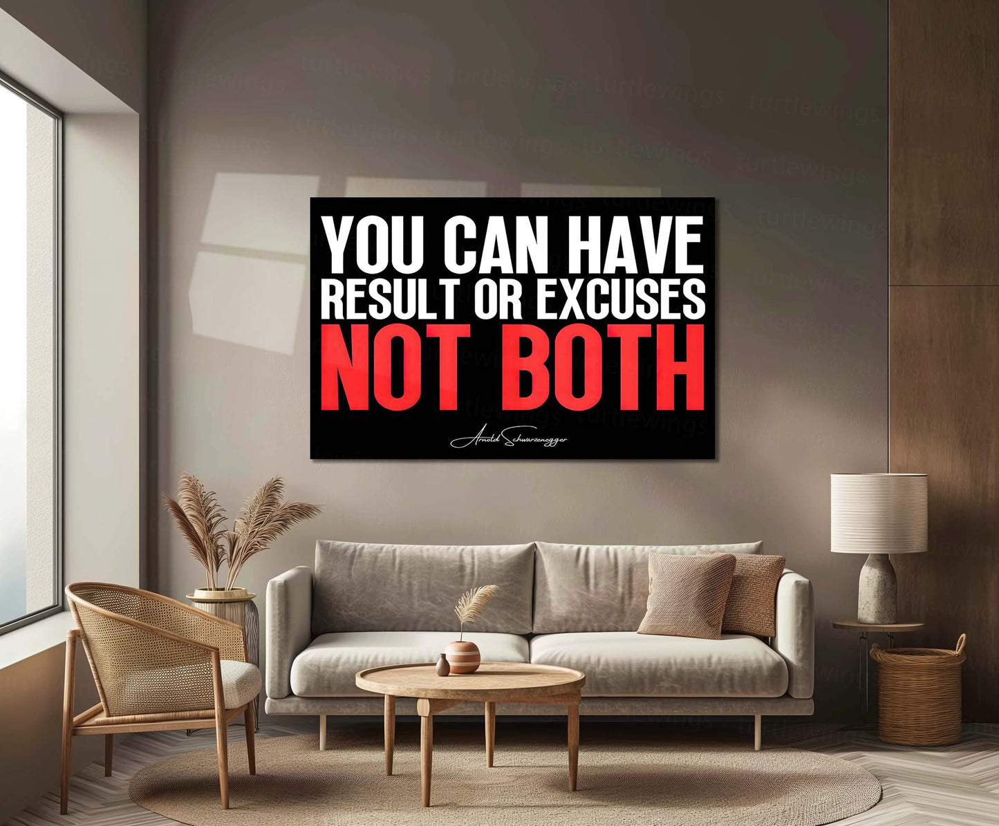 Quote Metal Poster | Arnold Schwarzenegger Quote – “Results or Excuses, Not Both” | Motivational Gym Wall Metal Frame Poster